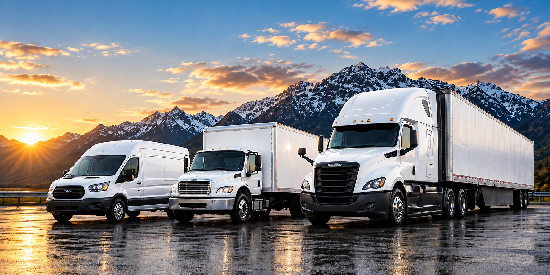PUBBA Logistics cargo van, Freightliner M2 106-style 26FT box truck, and tractor-trailer fleet serving regional lanes