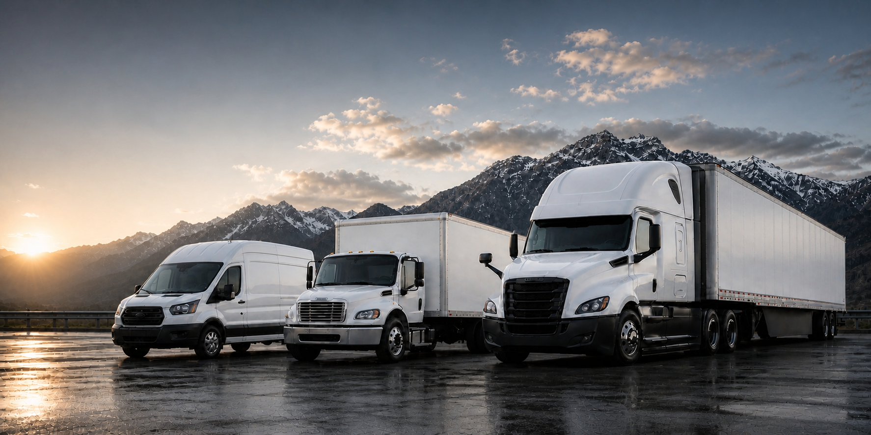PUBBA Logistics cargo van, Freightliner M2 106-style 26FT box truck, and tractor-trailer fleet serving regional lanes